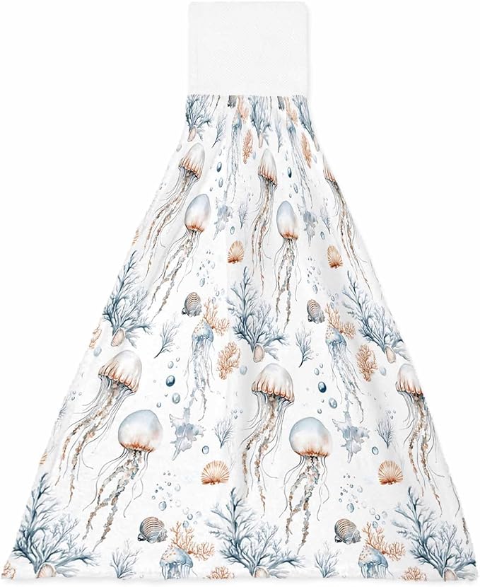 Alandar Home Kitchen Tie Towel Set of 1, Summer Marine Life Jellyfish Absorbent Soft Hand Towels for Bathroom Hanging Towels, Watercolor Starfish Conch Fast Drying Cleaning Cloth with Loop