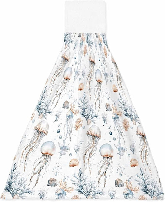 Alandar Home Kitchen Tie Towel Set of 1, Summer Marine Life Jellyfish Absorbent Soft Hand Towels for Bathroom Hanging Towels, Watercolor Starfish Conch Fast Drying Cleaning Cloth with Loop