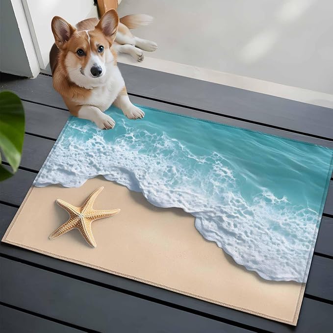 Area Rug 2x3ft, Beach Starfish Teal Sea Water Washable Rugs for Living Room Bedroom, Summer Ocean Theme Soft Non-Slip Area Rugs Rectangle Floor Carpet for Dining Room