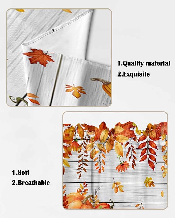 Orange Pumpkins Fallen Leaves Fall Swag Valance Curtains Autumn Thanksgiving Vintage Wood Grain Rod Pocket Kitchen Curtains, Scalloped Window Treatment Valances, 1 Pair, 36" W x 45" L
