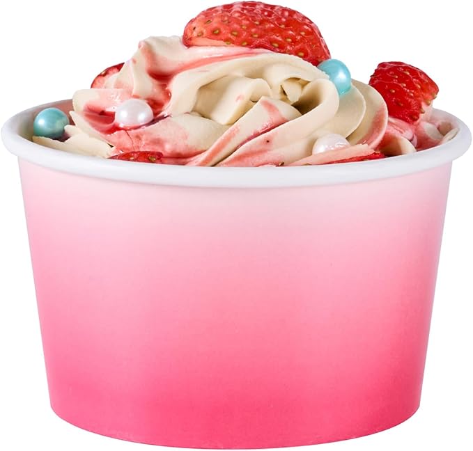 Restaurantware Paper Cups 200 Count 8 Ounce Square Disposable Ice Cream Containers, Leak-Resistant Paper Dessert To Go Cups, Hot And Cold Food, Durable Pink And White Ombre Design