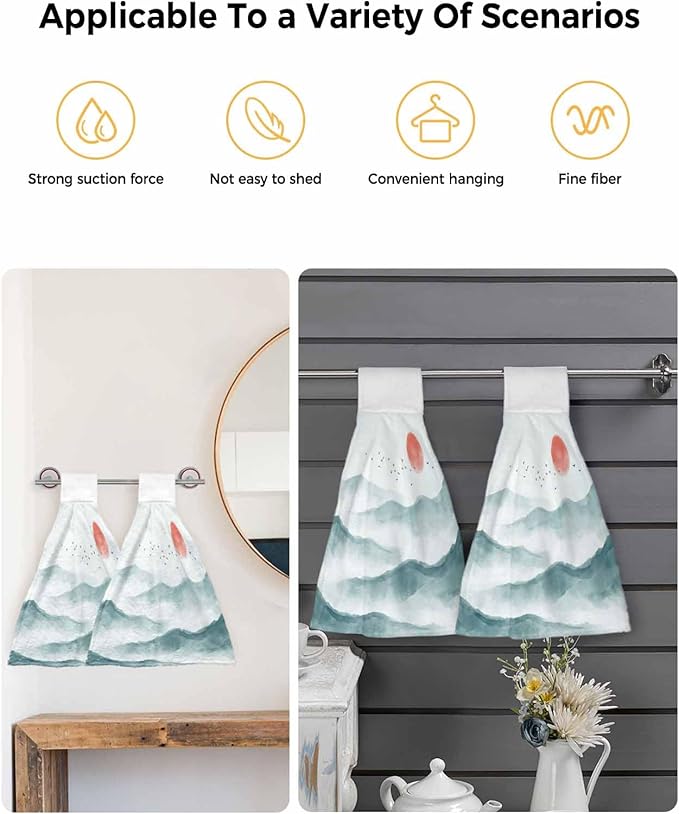 Alandar Home Kitchen Tie Towel Set of 1, Watercolor Mountains Landscape Absorbent Soft Hand Towels for Bathroom Hanging Towels, Asian Zen Painting Fast Drying Cleaning Cloth with Loop