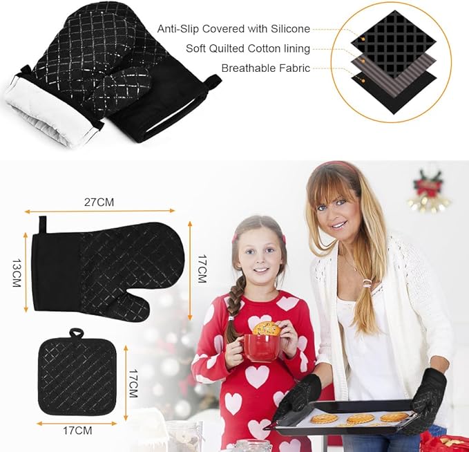 AUAUY Oven Mitts and Pot Holders 4PCS Set, 230°C/446°F Heat Resistant BBQ Gloves, Extra Thicken Long Cotton Oven Mittens, Silicone Stripes Non-Slip Kitchen Mittens for Cooking Baking Grilling