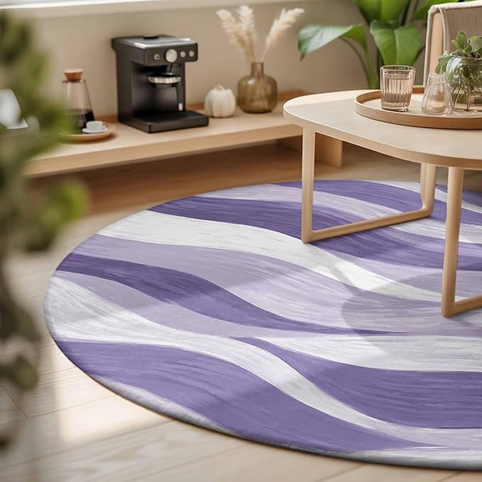 Washable Round Area Rug Abstract Lavender Purple White Water Ripples Circle Rugs Floor Carpet for Living Room Bedroom, Modern Art Soft Non Slip Round Rug 3ft