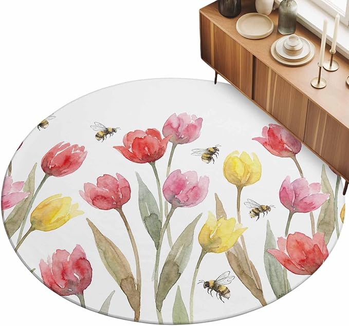 Washable Round Area Rug Red Pink Yellow Tulips Bees Circle Rugs Floor Carpet for Living Room Bedroom, Watercolor Flower Leaves Soft Non Slip Round Rug 3ft