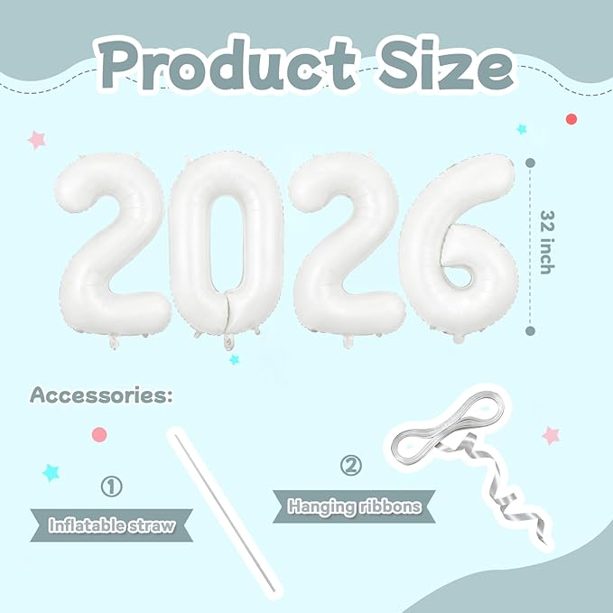 White 2026 Balloons, Large 32 Inch Foil 2026 Number Balloons, Grad Balloons for Class of 2026 Graduation Party, White Matellic Foil New Year Birthday Home Office Party Supplies