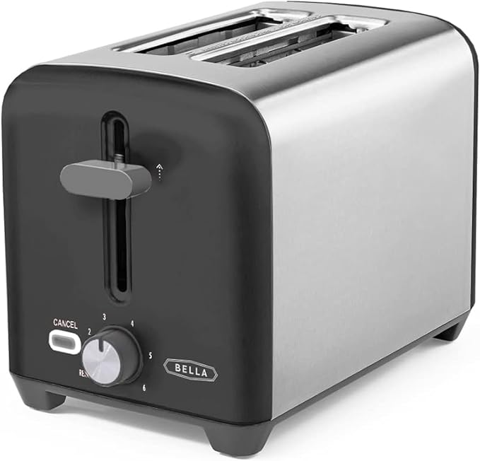 bella 2 Slice Toaster, Quick & Even Results Every Time, Wide Slots Fit Any Size Bread Like Bagels or Texas Toast, Drop-Down Crumb Tray for Easy Clean Up, Stainless Steel and Black