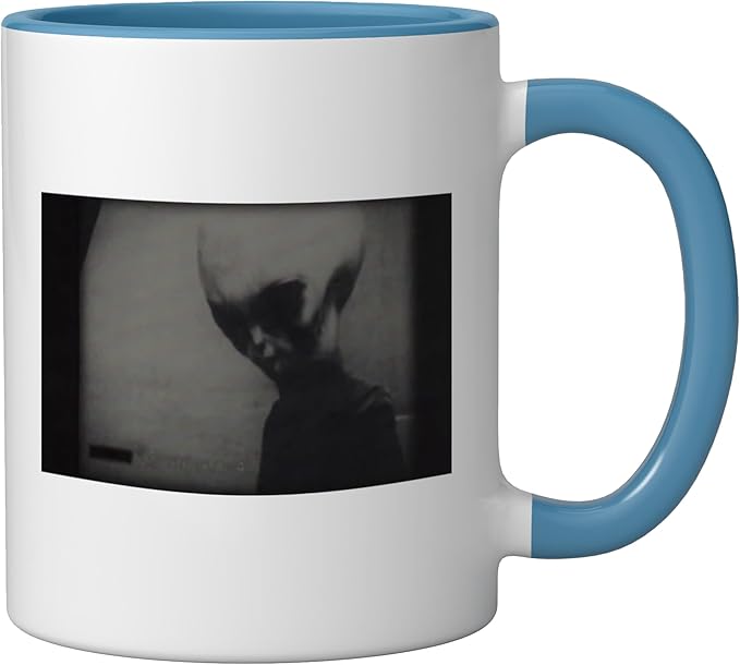 Skinny Bob Alien 1961 KGB Video Real Alien Grey Ceramic Mug, Blue/White