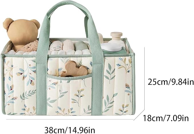 Quilted Fabric Storage Basket Floral Baby Diaper Caddy Quilted Basket for Nursery Bedroom Car Storage (L- Light Green)