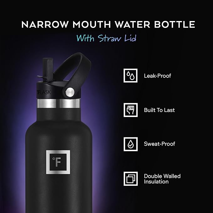 IRON °FLASK Camping & Hiking Hydration Flask with Straw, BPA-Free Insulated Stainless Steel Sports Water Bottle - 32 oz Black Marquina