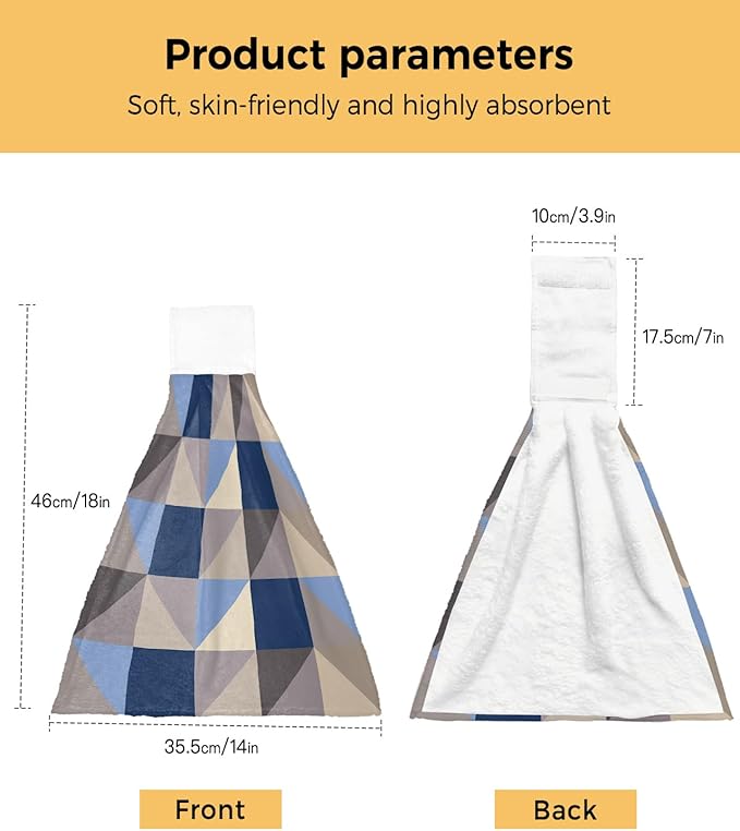Alandar Home Kitchen Tie Towel Set of 2, Splicing Geometric Art Absorbent Soft Hand Towels for Bathroom Hanging Towels, Blue Grey Khaki Triangle and Square Fast Drying Cleaning Cloth with Loop