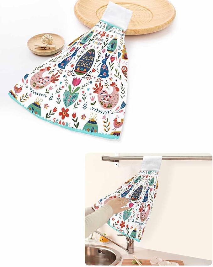 Alandar Home Kitchen Tie Towel Set of 2, Bohemian Ethnic Easter Eggs Blossom Flowers Bunny Absorbent Soft Hand Towels for Bathroom Hanging Towels, Tribe Boho Fast Drying Cleaning Cloth with Loop