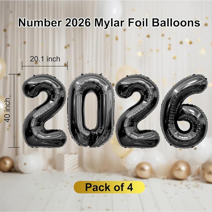 2026 Balloons New Years Balloons 40 Inch Black 2026 Balloon Numbers for Happy New Year 20 26 Decorations New Years Eve Balloon Globos De Fin De Año for Graduation Nye Decor Party Supplies