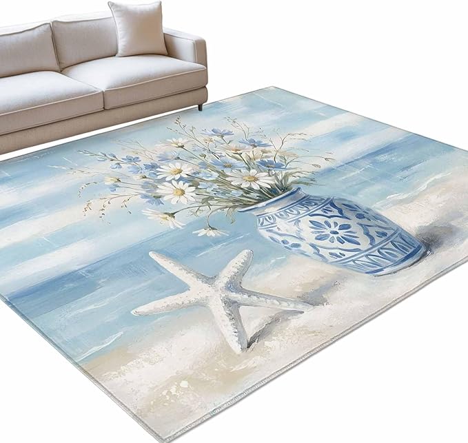 Area Rug 4x6ft, Summer Beach Starfish Flower Washable Rugs for Living Room Bedroom, Marine Theme Daisy Vase Soft Non-Slip Area Rugs Rectangle Floor Carpet for Dining Room