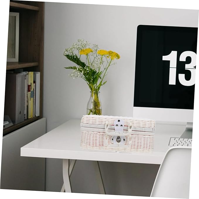 COLLBATH Simulated Rattan Woven Storage Box with Lid Handwoven Decorative Suitcase for Organizing Clothes Toys and Accessories Vintage Wicker Storage Basket for Home Decor