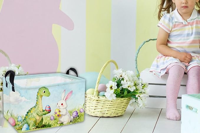 Essme Rectangular Easter Dinosaur Baskets,Kids Storage Box,Cute Basket for Kids with Handles for Room Decor, Book Bins,Shelf Basket.(Dinosaur)