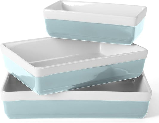 MARTHA STEWART 3-Piece Oven to Table Stoneware Bakeware Set – Baking Dish & Casserole Set – Dusty Blue – Durable Oven-Safe Bakeware for Baking and Serving