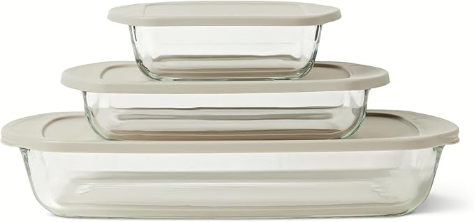 Amazon Basics Glass Baking Dishes with BPA-Free Lids, 6-Piece Bakeware Set, Borosilicate Glass, Oven-Safe up to 752°F, Non-Slip and Stackable, Dishwasher-Safe, Linen Gray