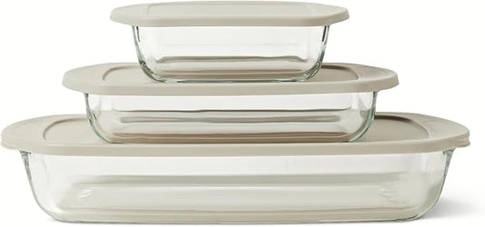 Amazon Basics Glass Baking Dishes with BPA-Free Lids, 6-Piece Bakeware Set, Borosilicate Glass, Oven-Safe up to 752°F, Non-Slip and Stackable, Dishwasher-Safe, Linen Gray