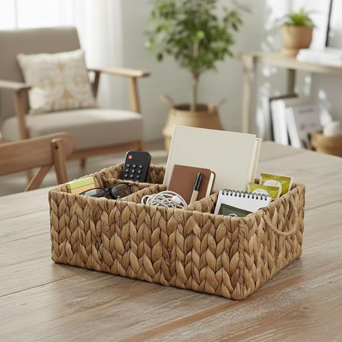 Storage Basket with Handles, Water Hyacinth Storage Baskets, Wicker Diaper Caddy, Basket with dividers, Countertop Organizer for Bathroom, Living Room, Home(15.75*11.03*5.52 inches)