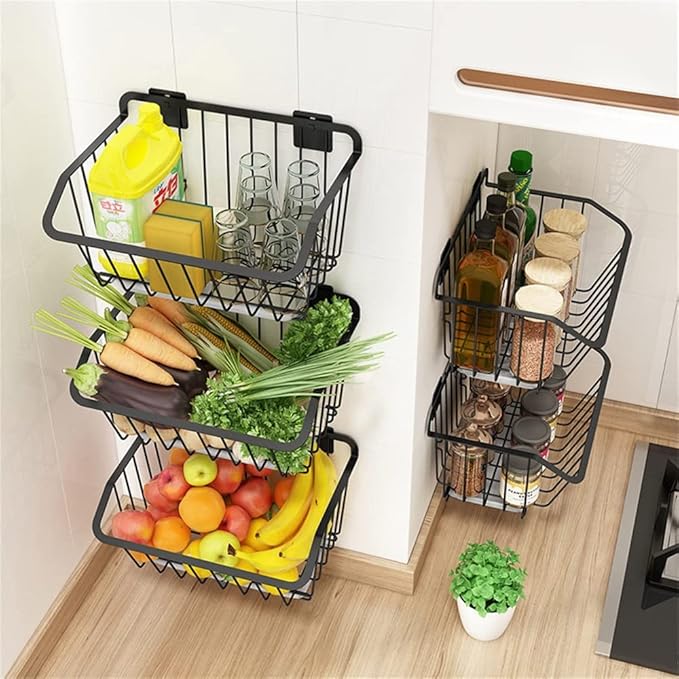 Kitchen Storage Rack Storage Basket Wall-mounted Kitchen Vegetable Punch-free Storage Rack Fruit And Vegetable Basket Drain Rack Storage Shelves ()