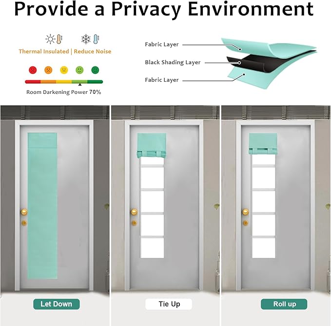 WdFour Solid Color Room Darkening Side Door Curtain - 12W x 80L Inches,Aqua Window Covering for Glass Doors, 1 Panel with Tie-Up Shade, Light Filtering Sidelight Curtains for Entryway & Patio