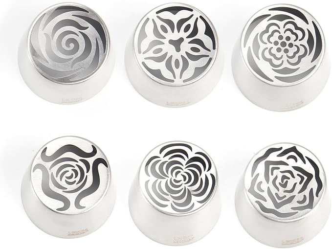 Extra Large Russian Piping Tip Set - 6 Stainless Steel Marshmallow Buttercream Framing Nozzles for 3D Roses Tulip Cake Decorations and Marshmallow Bouquets, Includes 1 Cleaning Brush(6J)