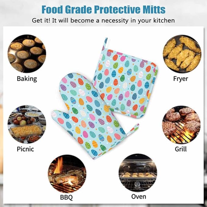 Mxocom Easter Eggs Oven Mitt and Pot Holder with Silicone Easter Colored Eggs on Blue Background Heat Resistant Kitchen for Cooking BBQ Baking Grilling Spring/Summer