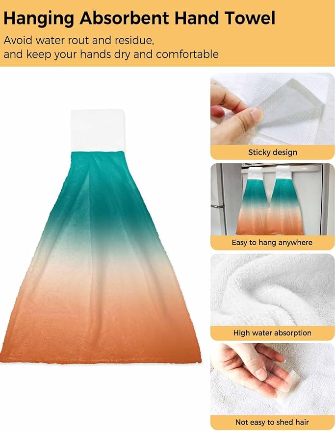 Alandar Home Kitchen Tie Towel Set of 1, Turquoise Orange Gradient Absorbent Soft Hand Towels for Bathroom Hanging Towels, Watercolor Stripes Ombre Fast Drying Cleaning Cloth with Loop