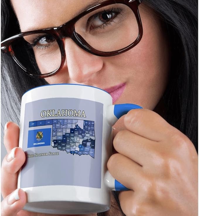3dRose Map, flag and nickname of Oklahoma, all counties colored and labeled 15oz Two-Tone Blue Mug