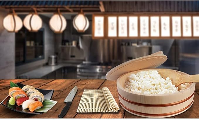 Round Sushi Rice Bowl Wooden Hangiri Sushi Oke Rice Mixing Tub with Copper Bands Rice Bucket Container Barrel for Restaurant Home Kitchen 30x7.5cm (45x11cm)