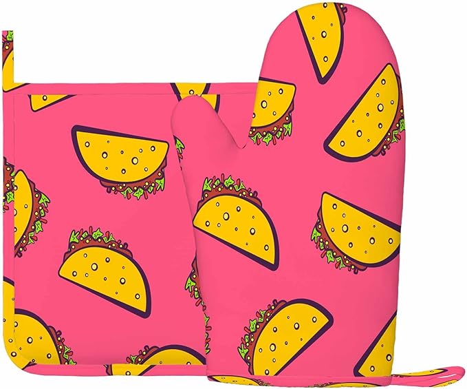 Mxocom Mexican Taco Silicone Oven Mitts and Pot Holders Sets Cute Cartoon on Pink Background BBQ Gloves for Kitchen,Cooking,Baking,Grilling