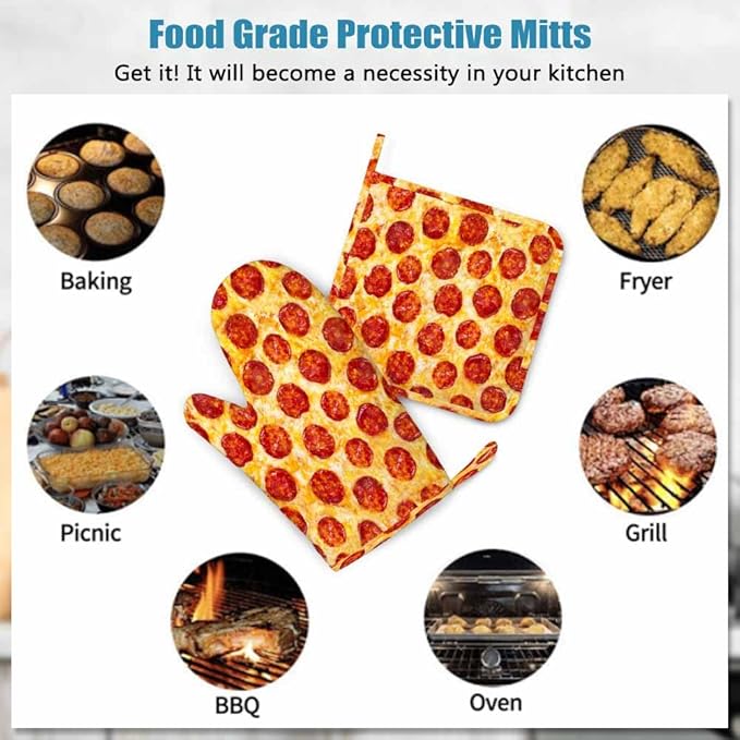 Mxocom Pepperoni Pizza Heat-Resistant Oven Mitts and Pot Holder a Seamless Food Texture Kitchen Non-Slip Cooking Microwave Gloves for Cooking Baking Grilling
