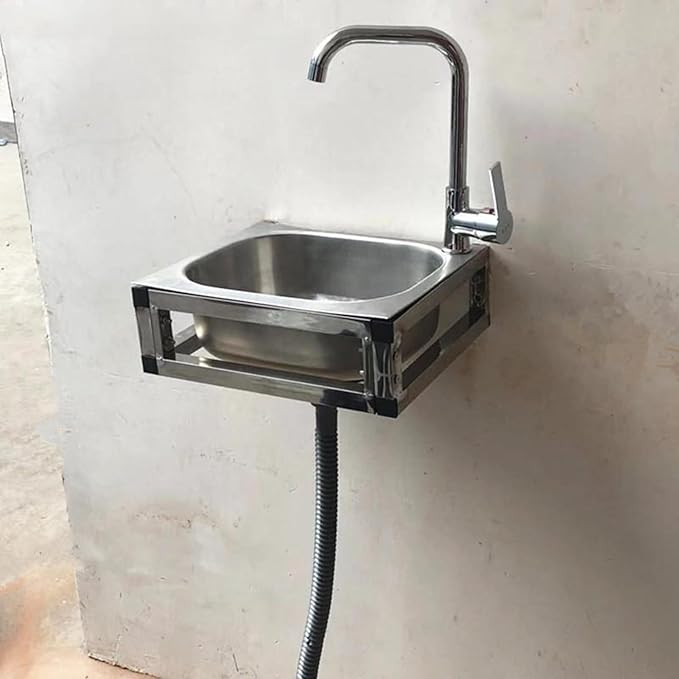 Stainless Steel Wall Mounted Commercial Restaurant Sink, Utility Sink Single Bowl with Drainer Unit and Tap, for Public Places, Restaurants, Schools, Kitchen,48x35cm-Hot and Cold Water