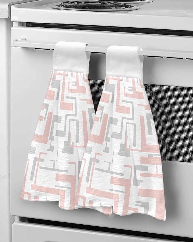 Alandar Home Kitchen Tie Towel Set of 2, Modern Pink Gray Stripe Lines Absorbent Soft Hand Towels for Bathroom Hanging Towels, Abstract Geometric Art Fast Drying Cleaning Cloth with Loop
