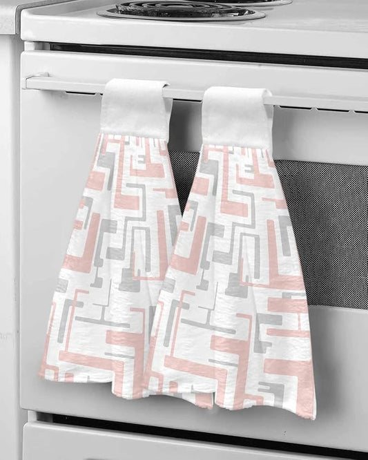 Alandar Home Kitchen Tie Towel Set of 2, Modern Pink Gray Stripe Lines Absorbent Soft Hand Towels for Bathroom Hanging Towels, Abstract Geometric Art Fast Drying Cleaning Cloth with Loop