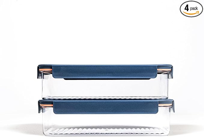 LocknLock LBF406RS2N Bisfree Modular Plus Food Storage Containers for Lunch, Meal Prep, Stackable, BPA-Free, Leakproof, Microwave, Dishwasher, Freezer-Safe, 4 Pieces, 2 Boxes and 2 Lids, Navy, 2.1L
