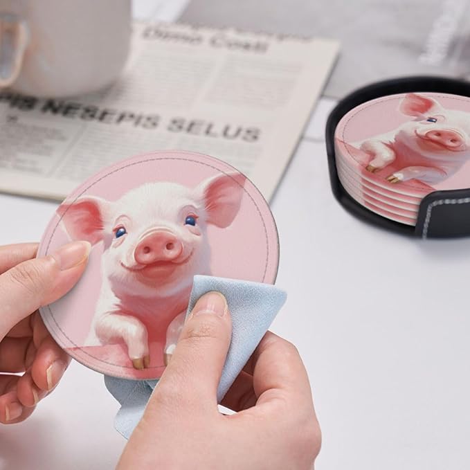 Famame 6 Pcs Pig Feet on Wall Leather Coasters for Drinks with Holder Coaster Sets Drink Table Cup Coasters for Living Room Kitchen Coffee Decor