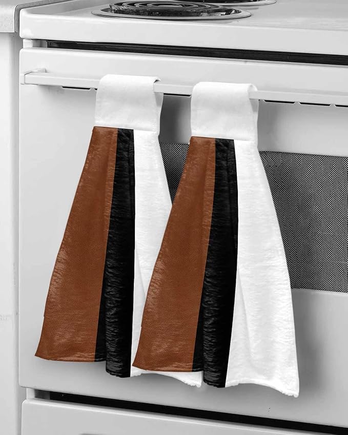 Kitchen Tie Towel Set of 2, Rustic Modern Minimalist Color Block Absorbent Soft Hand Towels for Bathroom Hanging Towels, Leather Texture Brown Black White Fast Drying Cleaning Cloth with Loop