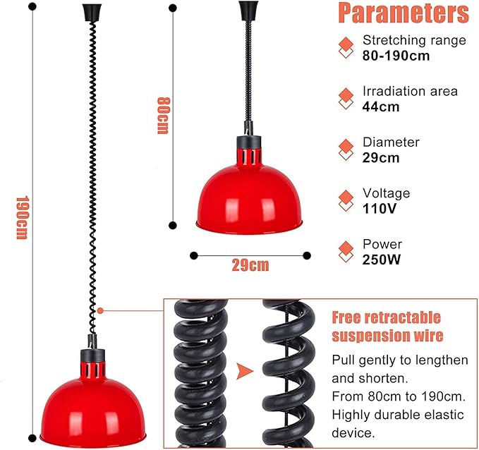 Food Heating lamp Commercial, Hanging Food Heater lamp, Suitable for Buffet Professional Kitchen Heating Equipment, Suitable for Buffet Food Court Restaurants, Restaurant Equipment (red)
