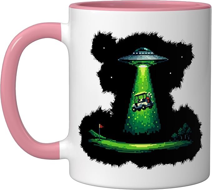 Retro Pixel Art UFO Abducting Golf Cart Funny Alien Golfing Ceramic Mug, Pink/White