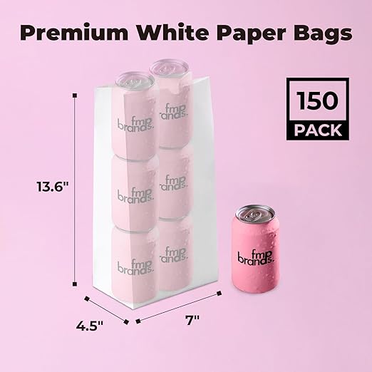 Fit Meal Prep 150 Pack 12 lb White Paper Lunch Bags, 13 x 7 x 4.5" Durable Paper Bags Bulk for Packing, Delivery, Take Out, Grocery, Retail Shopping, Premium Sack for Snacks, Bakery