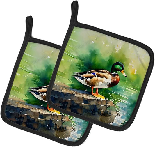 Caroline's Treasures Mallard Pair of Pot Holders Kitchen Heat Resistant Pot Holders Sets Oven Hot Pads for Cooking Baking BBQ, 7 1/2 x 7 1/2
