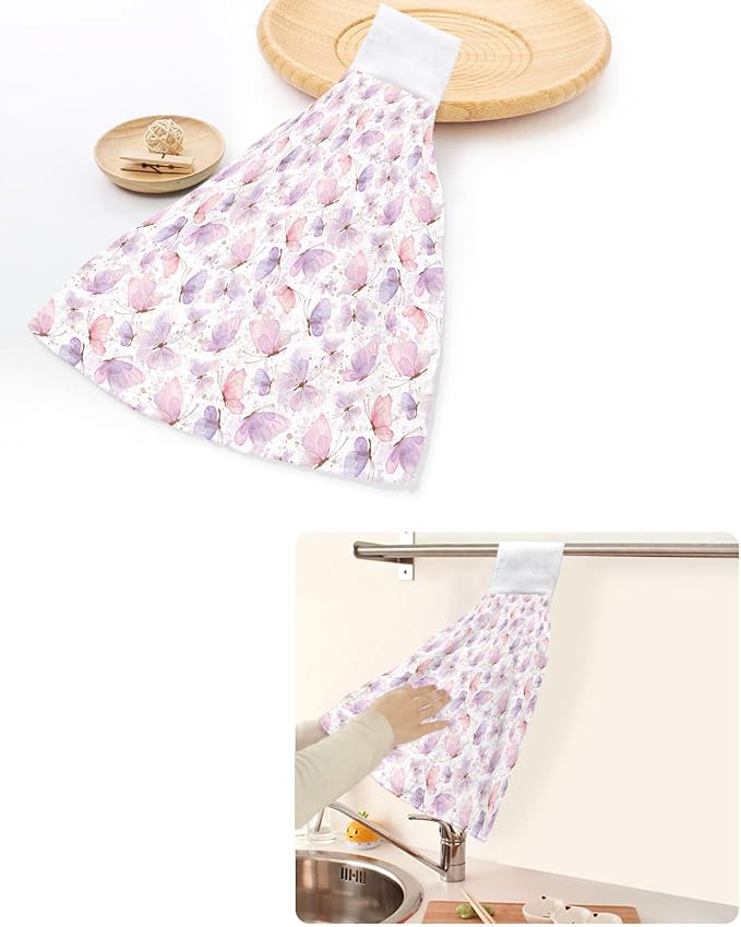 Alandar Home Kitchen Tie Towel Set of 1, Spring Watercolor Butterfly on White Absorbent Soft Hand Towels for Bathroom Hanging Towels, Pink Purple Insects Fast Drying Cleaning Cloth with Loop