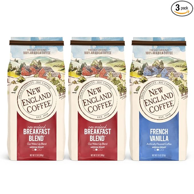 New England Coffee Variety Pack - Breakfast Blend & French Vanilla, 11oz Bag (Pack of 3)