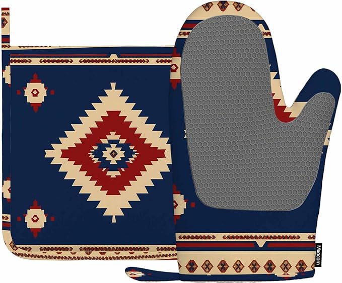 Mxocom Southwest Diamond Blue Red Heat-Resistant Oven Mitts and Pot Holder Indian Style on Blue and Red Background Kitchen Non-Slip Cooking Microwave Gloves for Cooking Baking Grilling