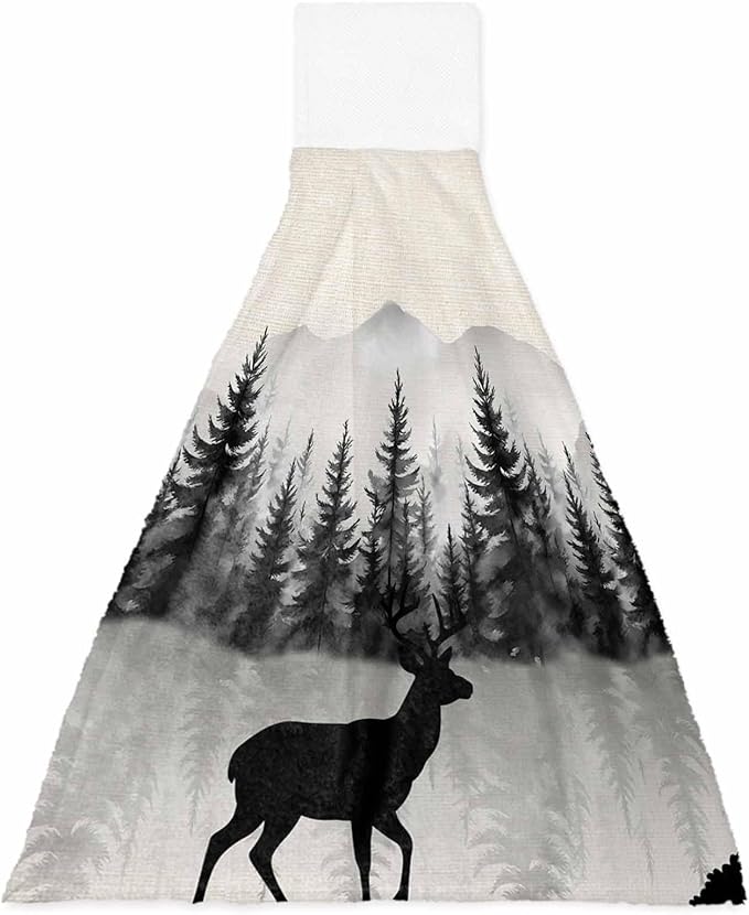 Alandar Home Kitchen Tie Towel Set of 1, Farmhouse Deer Sihouette Absorbent Soft Hand Towels for Bathroom Hanging Towels, Forest Tree Mountain on Linen Fast Drying Cleaning Cloth with Loop