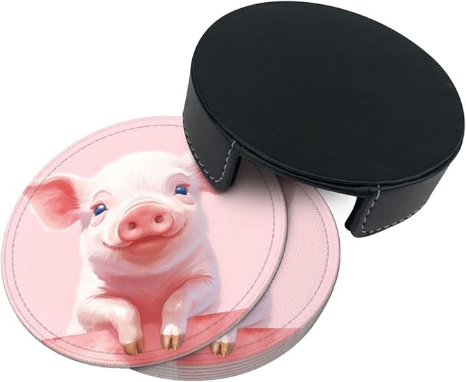 Famame 6 Pcs Pig Feet on Wall Leather Coasters for Drinks with Holder Coaster Sets Drink Table Cup Coasters for Living Room Kitchen Coffee Decor