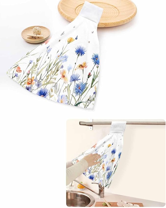 Alandar Home Kitchen Tie Towel Set of 2, Pastoral Blue Floral Butterfly on White Absorbent Soft Hand Towels for Bathroom Hanging Towels, Watercolor Flowers Fast Drying Cleaning Cloth with Loop