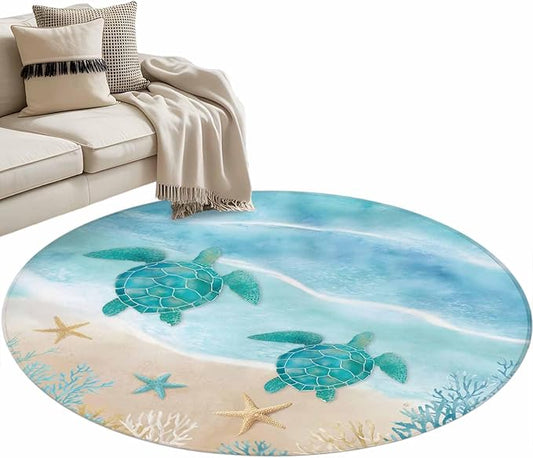 Washable Round Area Rug Sea Turtle Starfish Coral Circle Rugs Floor Carpet for Living Room Bedroom, Summer Seaside Ocean Life Soft Non Slip Round Rug 4ft